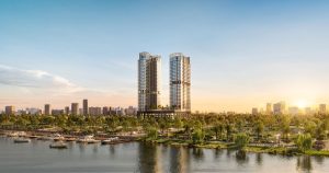 Phối cảnh dự án chung cư cao tầng của Văn Phú bên sông lúc hoàng hôn