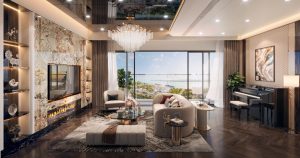 Phòng khách căn hộ Vlasta Premier Phú Thuận với cửa kính lớn nhìn ra sông
