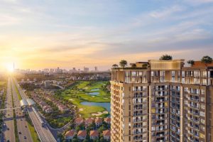 Tòa căn hộ cao tầng gần Norton Park nhìn từ trên cao, phía xa là sân golf và tuyến metro