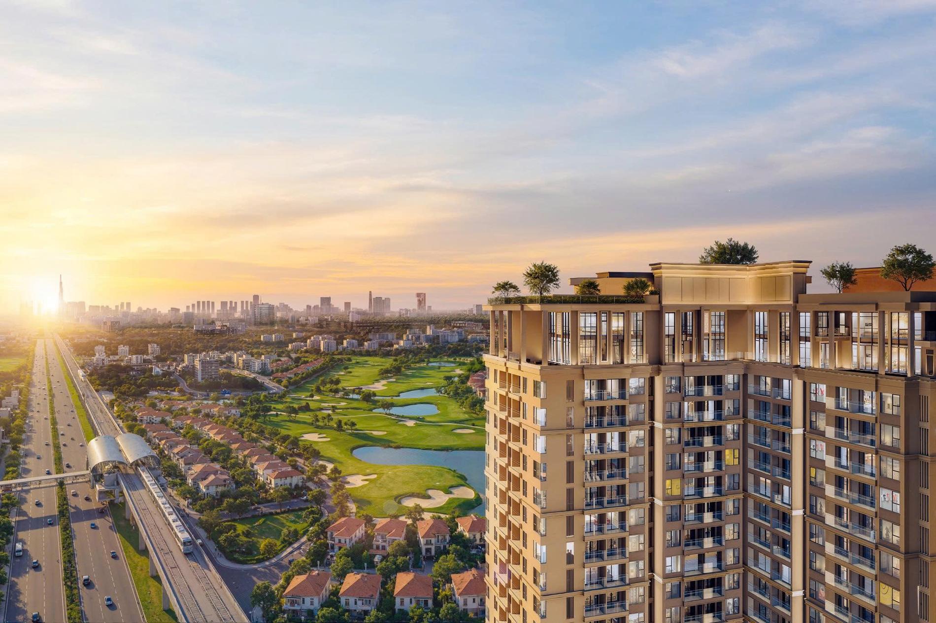Tòa căn hộ cao tầng gần Norton Park nhìn từ trên cao, phía xa là sân golf và tuyến metro