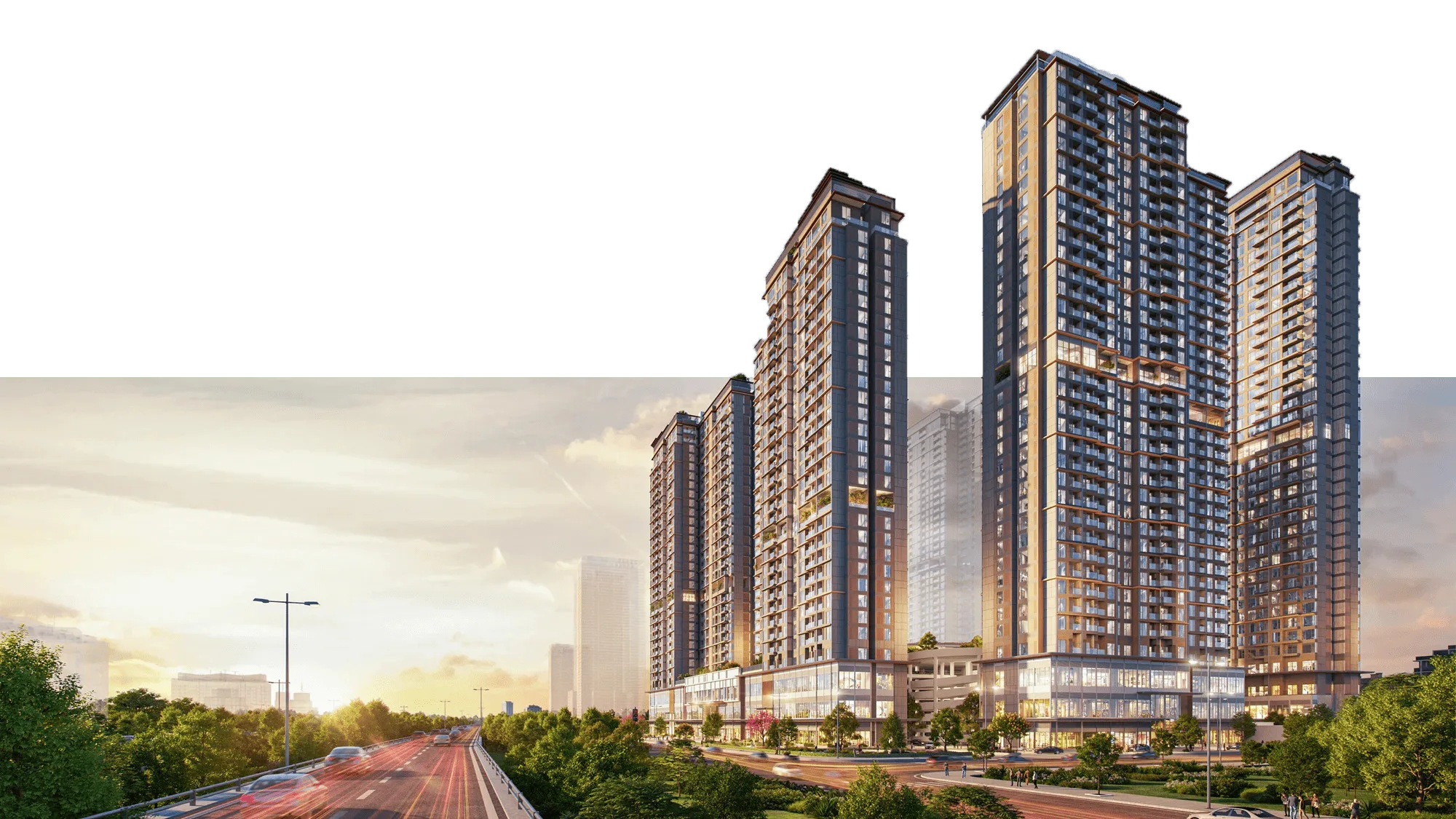 Phối cảnh các tòa tháp The Primavera bên cạnh trục đường ven khu đô thị Long Biên lúc hoàng hôn
