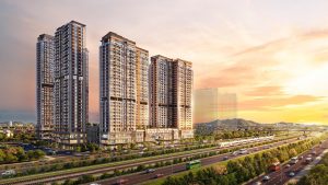 Tổ hợp căn hộ The Primavera nhìn từ trên cao với các tòa tháp cao tầng cạnh tuyến đường lớn