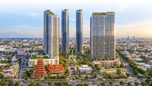 Cụm tháp căn hộ cao tầng minh họa cạnh công trình mái đỏ kiểu chùa, không phải phối cảnh Vinhomes Kỳ Hòa