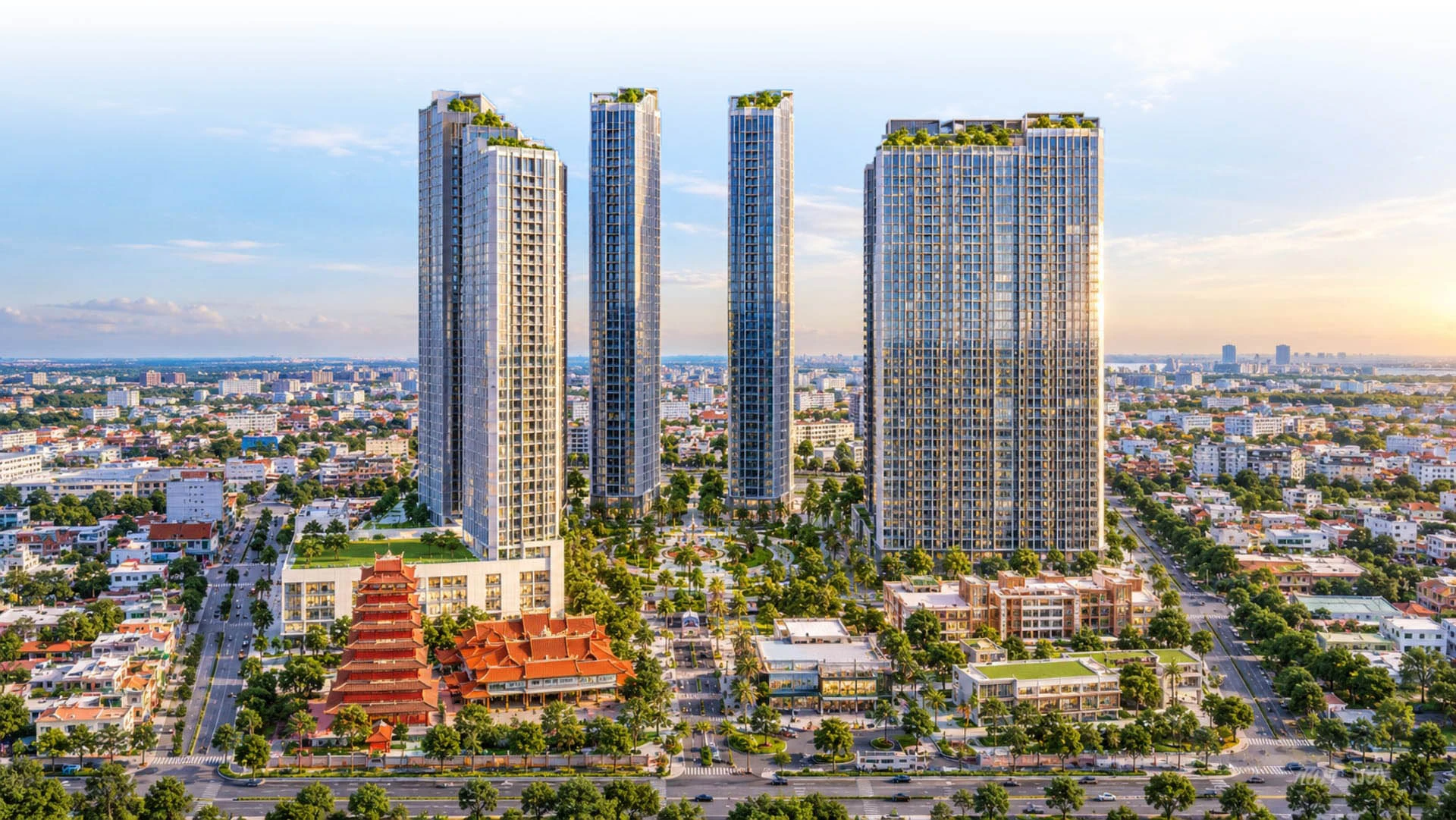 Cụm tháp căn hộ cao tầng minh họa cạnh công trình mái đỏ kiểu chùa, không phải phối cảnh Vinhomes Kỳ Hòa