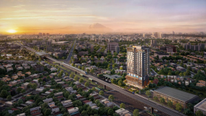Phối cảnh tháp căn hộ The Westique Residences nhìn từ trên cao, dọc tuyến đường có đường sắt trên cao